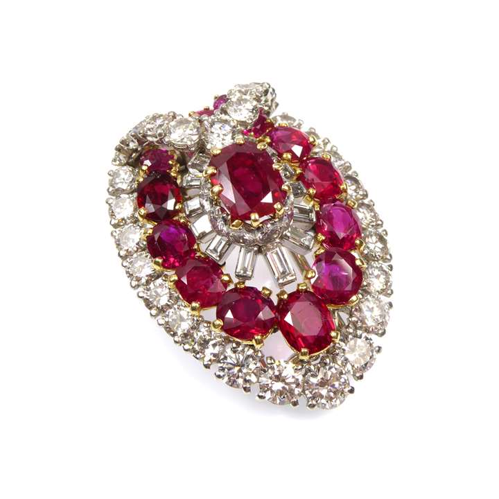Ruby and diamond cluster clip brooch of leaf outline